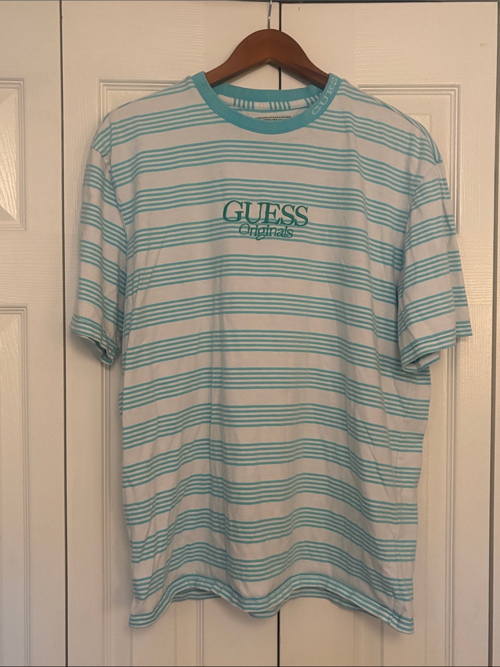 Guess Teal & White Striped Crew Neck Tee